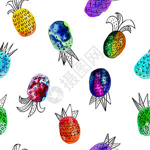 矢量水彩无缝图案与七彩彩虹菠萝和黑色手绘元素 在白色背景上 有创意的设计 现代风格 红绿黄橙色背景图片