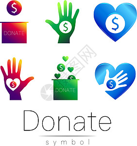 捐赠标志图标集 捐钱箱手心 慈善机构或捐赠基金的象征 人类的帮助 在白色背景上 绿色蓝色图片