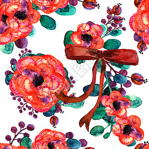 与夏季鲜花花束的无缝模式 水彩插图 和红博花园婚礼艺术邀请函野花丝带墙纸剪贴簿玫瑰织物图片