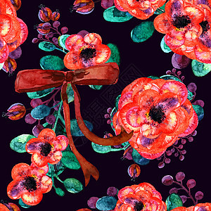 与夏季鲜花花束的无缝模式 水彩插图 和红博玫瑰卡片风格展示织物婚礼植物群纺织品花园邀请函图片
