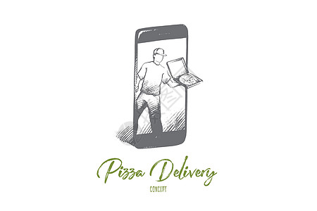 披萨送货概念 手绘孤立的矢量店铺盒子刻字午餐屏幕铅笔食物电话电子商务网络图片