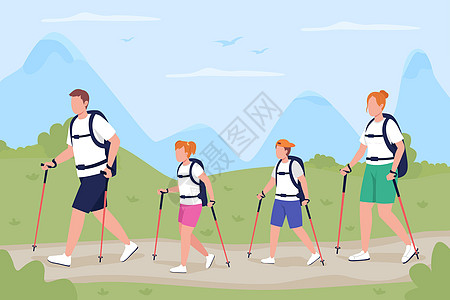 家庭徒步旅行平面彩色矢量图案图片