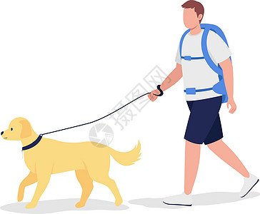 背着背包的人带着狗半扁平的彩色矢量特征图片