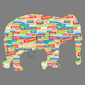 大象雕像由商业话题上的文字组成图片