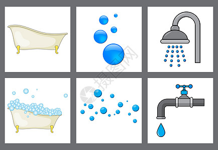 浴室图标集 带泡沫和泡沫水龙头和淋浴的浴缸的集合 在白色上隔离的矢量图图片
