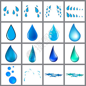 蓝色水滴符号集 雨滴 汗水和水坑的模板 在白色上隔离的矢量图图片