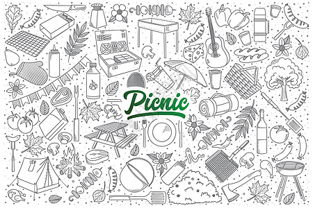 手绘梨野餐涂鸦集与绿色 letterin设计图片