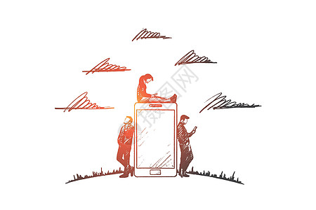 小工具时间概念 手绘孤立的矢量铅笔电话草图插图互联网手机网络女性屏幕团体图片