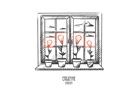 创意概念 手绘孤立的矢量商业草图创新灯泡思维插图铅笔活力窗户创造力图片