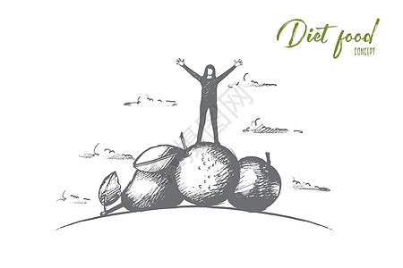 减肥食品的概念 手绘孤立的矢量铅笔杏仁饮食刻字洋葱沙拉营养水果插图菠菜图片