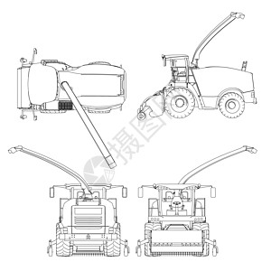 从孤立在白色背景上的黑色线条设置联合收割机 侧视图 它制作图案矢量收成信息栽培玉米种植园图表农业播种机械种子图片