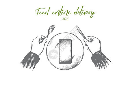 食品在线交付概念 手绘孤立的矢量药片食物插图屏幕服务网站午餐菜单商业送货图片