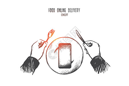 食品在线交付概念 手绘孤立的矢量铅笔餐饮技术食物服务屏幕药片网络互联网餐厅图片