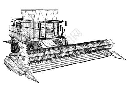 联合收割机线框从孤立在白色背景上的黑线  3D 它制作图案矢量植物土地职业机械农民驾驶收获挖掘机机器绘画图片