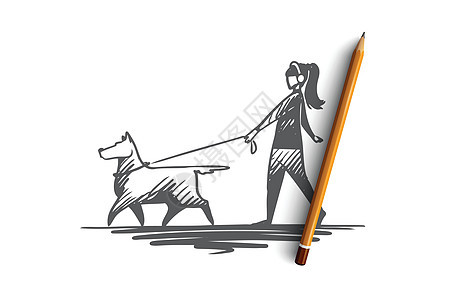 概念 手绘孤立的矢量青少年女孩插图女性城市宠物朋友皮带自由犬类背景图片