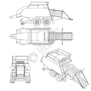设置联合收割机拖车的轮廓 从白色背景上隔离的黑线 视图  3D 它制作图案矢量图片
