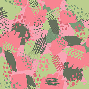 矢量炫彩无缝花纹与画笔描边和点 小指背景上的粉红色绿色 手绘田庄纹理 墨水几何元素 时尚现代风格 乌努苏阿图片