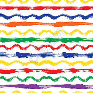 矢量无缝模式与画笔条纹和波浪 白色背景上的彩虹色 手绘田庄纹理 墨水几何元素 时尚现代风格 无尽的织物印花 返回图片