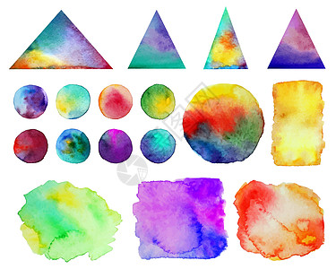 矢量图   五颜六色的水彩飞溅孤立在白色背景上 彩虹印迹 手绘几何元素 聪明又年轻 刷油漆 一套 17 个点图片