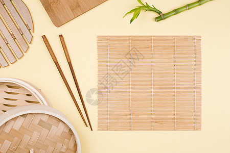 顶部视图为亚形表格软件制品刀具餐厅编织桌子美食装饰寿司木头文化图片