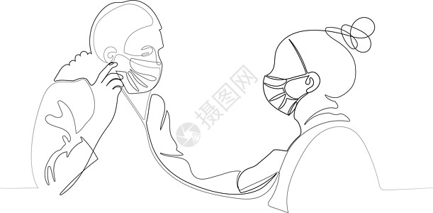 戴医用面罩的医生拿着听诊器全科老年病疾病检查绘画艺术沟通女士门诊实线图片
