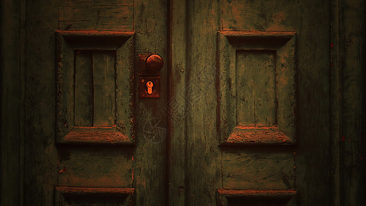3d 插图通往绿色碎石的木门建筑乡村入口屏幕故事木头房子童年金属出口图片