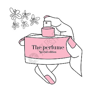 一只涂着粉色指甲的女性手按下了香水按钮 白色花朵形式的香水飞溅 一家化妆品店的标志图片