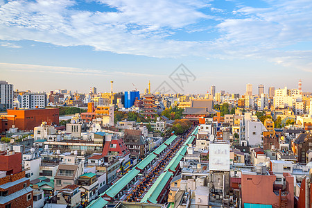 日本东京浅草地区的顶端视图天空建筑学旅游文化吸引力街道神道游客宝塔崇拜图片