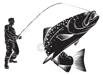 矢量的钓鱼设计 渔夫在波浪中抓船男人动物投掷食物运动员乐趣插图爱好鳟鱼蓝色图片