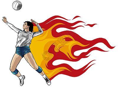 排球运动员与火焰的剪影 向量截击竞赛女性行动线条锦标赛活动比赛姿势插图图片