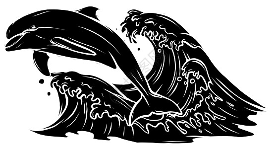 黑色剪影海豚在海浪中跳跃 矢量它制作图案图片