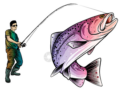 矢量的钓鱼设计 渔夫在波浪中抓船乐趣食物漂浮投掷动物插图男性野生动物鳟鱼运动员图片