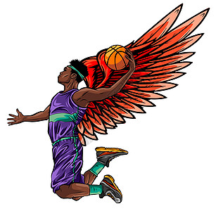 篮球运动员 在主题第二次获胜中创建的矢量插图太阳男人力量活力翅膀玩家篮子动机可塑性游戏图片