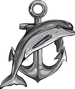 单色海豚围绕着一个锚点 上面有一根绳子 它是海兽制作图案的古老符号图片