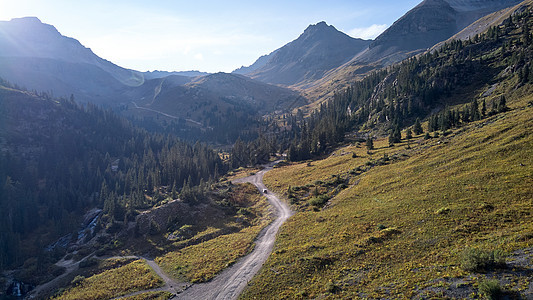 泥土路 吉普车经过科罗拉多山脉的广大山谷图片