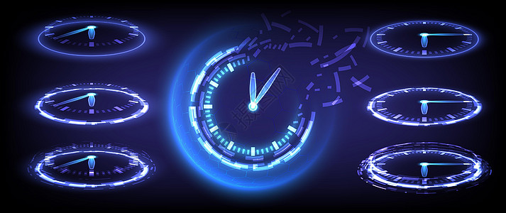 时间机器计时器和截止日期 发光的 HUD 元素时钟中的科幻数字高科技收藏 科学未来技术的全息图门户 奇幻游戏中的魔法传送门 传送图片