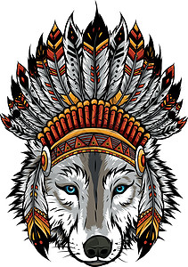 印地安狼与羽毛帽子向量它制作图案魔法卡片头饰翅膀明信片涂鸦耳朵卡通片部落戏服图片