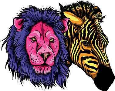 斑马和狮子头矢量图设计宣言绘画数字野生动物卡通片艺术动物群狮子猎人荒野图片
