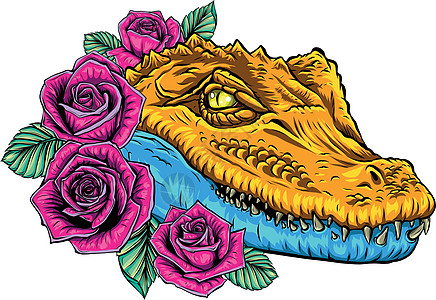 矢量图的鳄鱼头与玫瑰卡通片寓言力量丛林艺术动画片植物沼泽标识爬虫图片