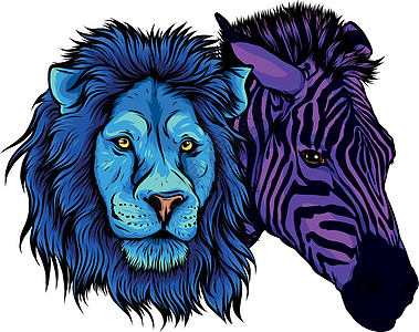 彩色斑马和狮子矢量它制作图案的头图片