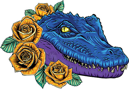 矢量图的鳄鱼头与玫瑰野生动物荒野艺术绘画动画片尾巴吉祥物丛林标识蜥蜴图片