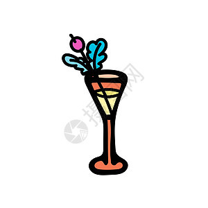 带有酒精和顶部有叶子的浆果的小酒杯的彩色矢量图图片