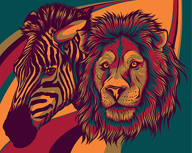 斑马和狮子头矢量图设计动物卡通片宣言痴情艺术品困惑艺术捕食者荒野野生动物图片