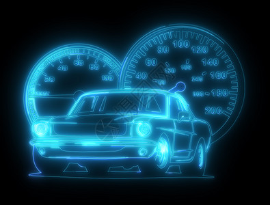 经典美国肌肉车的霓虹灯剪影 发光的标志蓝色运输引擎激光驾驶插图艺术技术发动机标识图片