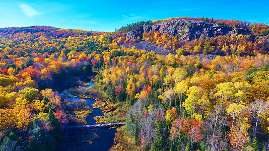 远方木制行桥横跨河流 消失在一片有落叶颜色的森林中图片
