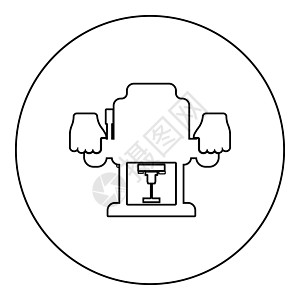 固定底座路由器电动木插铣刀电动工具在手持电动工具中使用 Arm 使用工具图标在圆形黑色矢量插图实体轮廓样式图像中技术机器圆圈职业图片