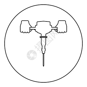 手握电动工具中的手提钻使用手臂使用电动仪器图标在圆形黑色矢量插图实体轮廓样式图像中圆圈锤子拆除断路器破坏沥青液压动力乐器机器图片