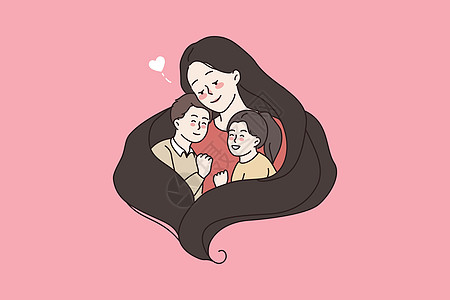 抚摸头发有爱心的妈妈拥抱两个小孩展示爱插画