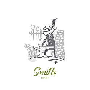 史密斯概念 手绘孤立的 vecto手工男人燃烧职业工具工匠铁匠铺作坊刻字火焰图片