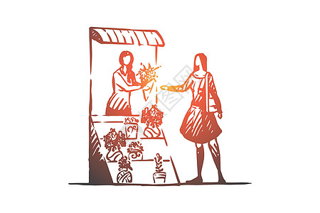 概念 手绘孤立的矢量花朵市场绿色商业花园零售植物花店幸福草图图片